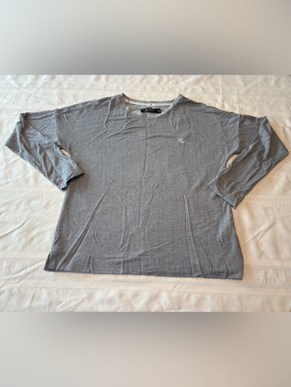 Ralph Lauren Women's Gray Herringbone Long Sleeve Tee with RL Chest Logo